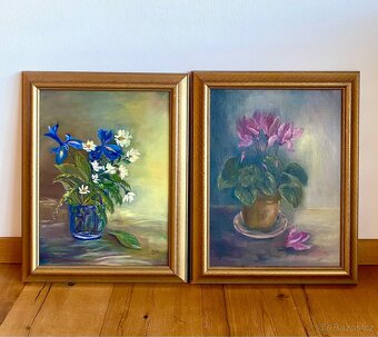 Staré krásné obrazy 2 kusy, olejomalba na desce - 4