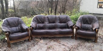 Kožená sedací souprava 3+1+1 s masivním dřevem - 4