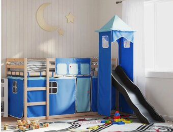 Patrová postel se skluzavkou a domečkem pod postelí-borovice - 4