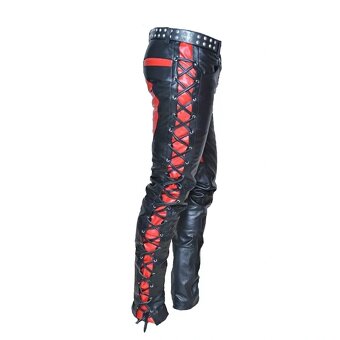 Moto Kožene Nohavice Šnurovacie Modre-Červene - 4