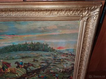 Pěkný,starý obraz-olej- bitva na poli - 4