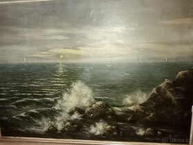 Mořské vlny bijící o skály s racky a loděmi 110 x 80 cm - 4