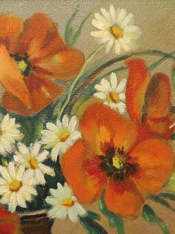 Obraz H. Švarc starožitný, Vlčí máky, olej 49x65 - 4
