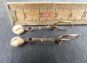 Starožitné secesní zlaté náušnice, perly, rubínky - 4