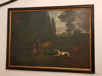 Historický lovecký obraz 150x90 cm 18 století zlatý rám olej - 4