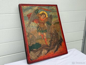 Starožitný XXL malovaný obraz na dřevě Archanděl Michael - 4