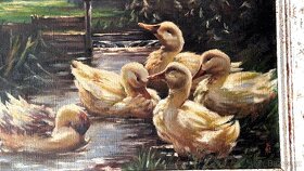 Starý ručně malovaný obraz - kachny na vodě - 4