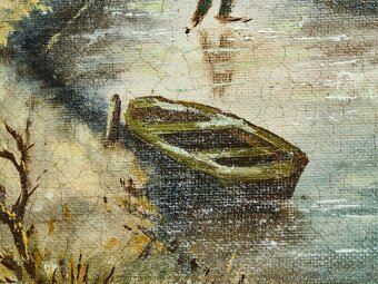 Zimní krajina s postavami na zamrzlé řece, olej na dřevěné d - 4