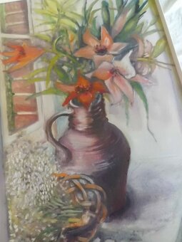 Velký Krásný Signovaný Obraz  Květiny ve Džbánu  Olej Plátno - 4