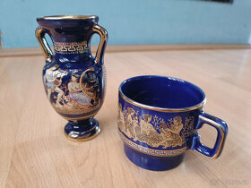 grecka keramika - modra so zlatym ornamentom - vaza a salok - 4