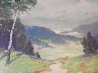 Starožitný Obraz olej pohled do udolí - 4