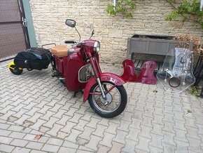 JAWA 250 Půlbuben kývačka 1954 + vozík PAV 40 + plechy na ko - 4