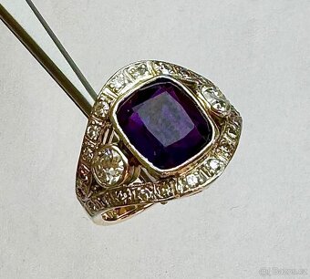 MIMOŘÁDNÝ 14K ZLATÝ ART DECO PRSTEN S AMETYSTEM A DIAMANTY - 4
