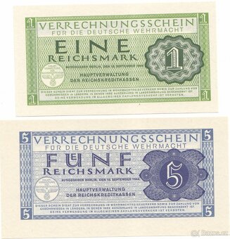 Originální sada bankovekWehrmachtu 1,5,10,50 Reichsmark 1944 - 4