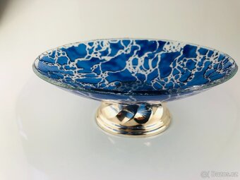 Modrá skleněná umělecká mísa na kovovém podstavci (NP012) - 4