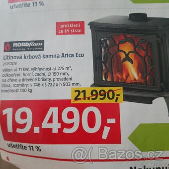 Krbová kamna Arica ECO , vykon 11kw, Sleva - 4