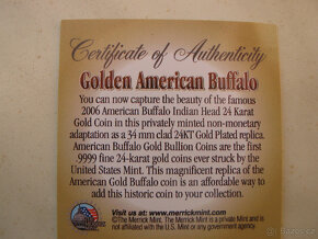 Mince Buffalo Indian Head $ 50. 24 karat Gold Coin. - 4