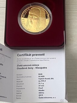 Zlato / zlatá uncová mince Osudové ženy Kleopatra proof - 4
