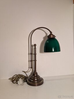 mosazná lampička, lampa, zelené stínidlo, bankéřka - 4