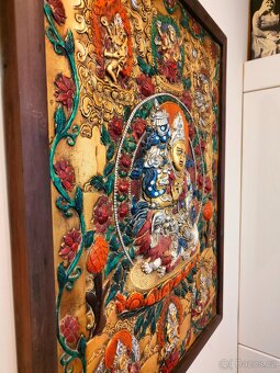Tibetské drevo bronzová maľba - Thanka - 4
