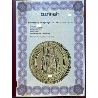ZLATÝ ČÍSLOVANÝ JUBILEJNÍ SVATOVÁCLAVSKÝ DUKÁT 2018 - 500 ks - 4