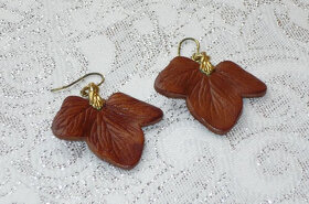 Náušnice visací - lístky z hnědé kůže - 4