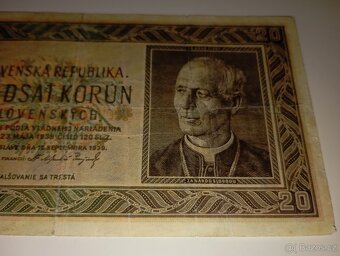 VZÁCNÁ BANKOVKA 20 SK, 1939, NÍZKÁ SÉRIE, NEPERFOROVANÁ - 4