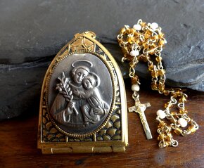 Starožitné škapulíře, sklo a kov, růženec - 4