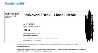 LIONEL RICHIE, Praha 6.7., 2 vstupenky+parkovné - 4