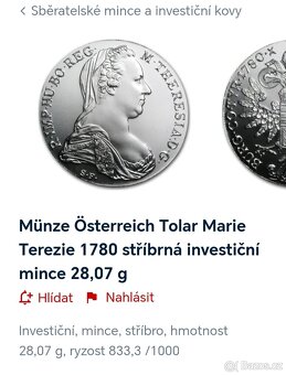 Stříbrný Tolar Marie Terezie 1780 Novoražba - 4