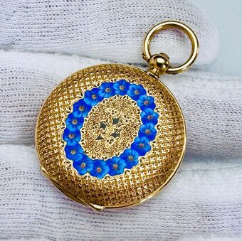 18K CELO ZLATÉ KAPESNÍ HODINKY - KLÍČOVKY SE SMALTEM - FUNKČ - 4