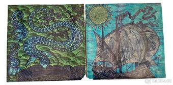 Dvojice recyklovaných 20cm secesních dlaždic. Možná od Willi - 4