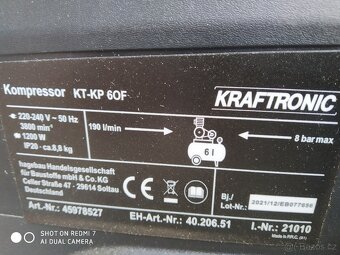 Prodám Bezolejový kompresor KRAFTRONIC KT-KP 6 OF -8 BARŮ. - 4