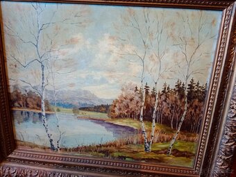 Pěkný starý obraz- olej- na kartonu -březový háj - 4