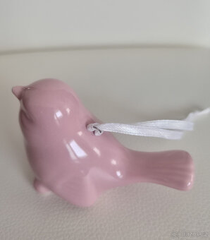 Růžový keramický ptáček dekorace ozdoba zavěšení - 4