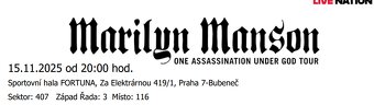 2x Vstupenka -- Místa u sebe -- Marilyn Manson -- Praha - 4