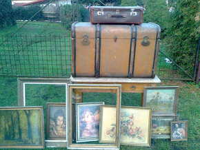 lodní kufr, 2ks, rámy obrazu, selský stůl se šuplíky - 4