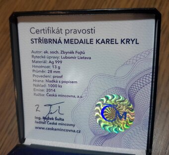 Stříbrná medaile KAREL KRYL 70. výročí narození, 2014, Proof - 4