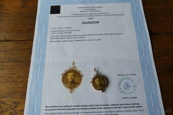 Zlatý secesní přívěšek na šatlén, medailon fotky, certifikát - 4