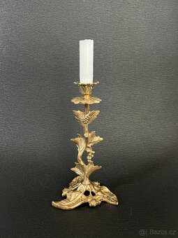 Mosazný retro svícen 21 cm, florální dekor - 4