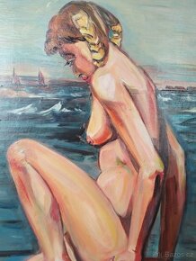 obraz - DÍVKA S COPÁNKY, akt, olej, sign. neurčena - 4