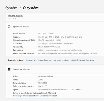 Zánovní notebook Dell XPS 15 9550, Core i7-8750H, SSD 256GB - 4