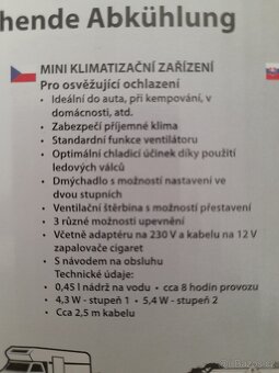 Mini klimatizace do auta / kempování 12V i 230V adaptér NOVÁ - 4