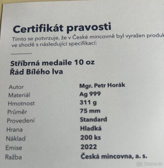 stříbrná medaile Řádu Bíleho lva, 311g, proof, jenom 200ks - 4