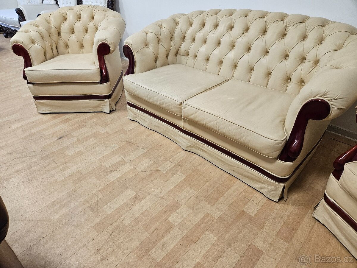 CHESTERFIELD ŠTÝL 2+1+1 KOŽENÁ,KOMB.S DREVOM - 5