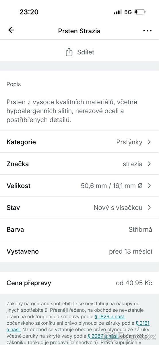 Prodám stříbrný prstýnek Strazia - 5