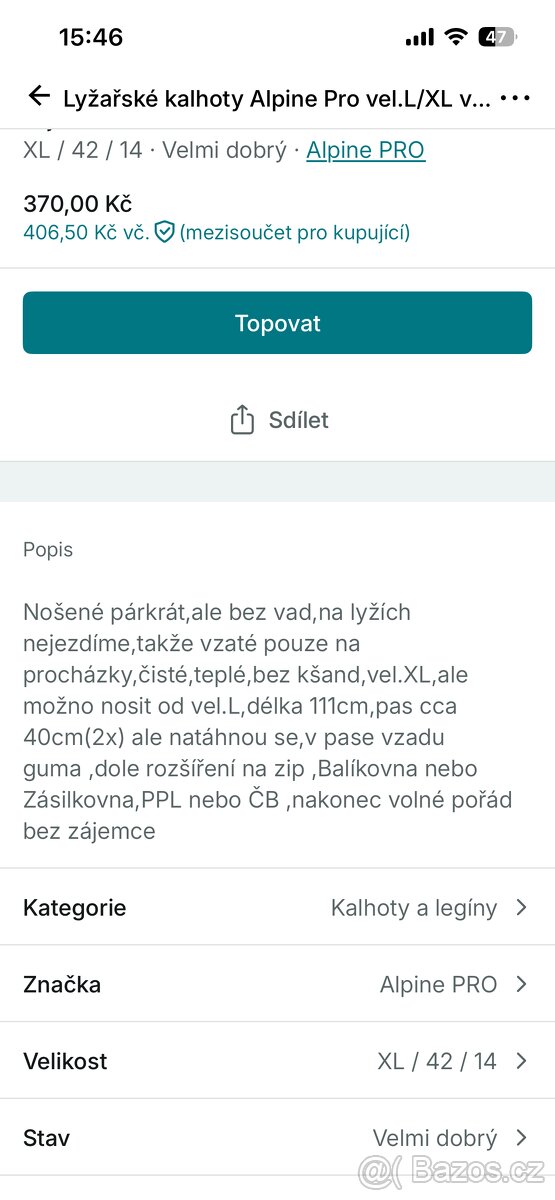 Oteplovačky -kalhoty na lyže vel.L-XL Alpine Pro - 5