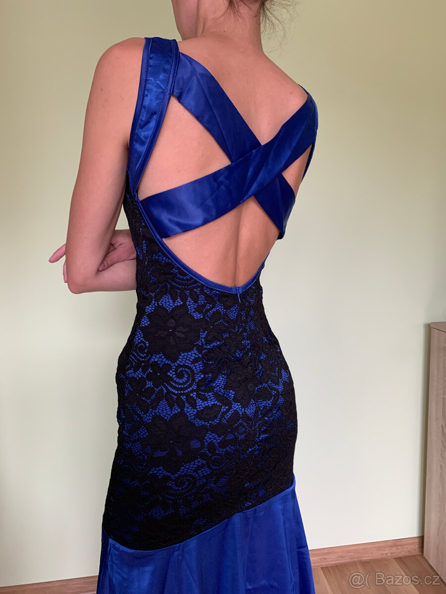 Saténové dlouhé šaty s krajkou, modré, vel.S/M - 5