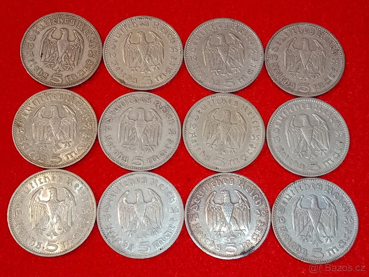 Stříbrné marky 38 ks - 2 marky, 5 marky dva druhy - 5