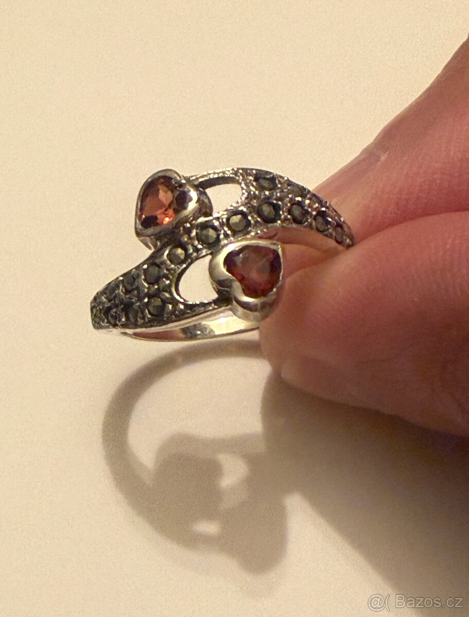 Stříbrný prsten přírodní granáty, markazity - 5